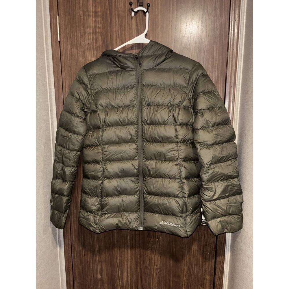 Eddie Bauer Down Jacket Women’s Petite M Green Hooded Quilted Puffer Full Zip
